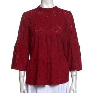 WARM Burgundy Eyelet Tiered 3/4 Sleeve Flounce Babydoll Highneck Blouse